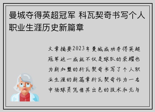 曼城夺得英超冠军 科瓦契奇书写个人职业生涯历史新篇章