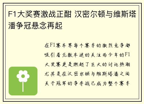 F1大奖赛激战正酣 汉密尔顿与维斯塔潘争冠悬念再起