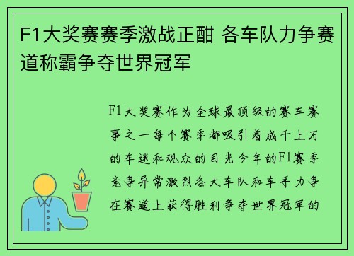 F1大奖赛赛季激战正酣 各车队力争赛道称霸争夺世界冠军